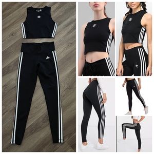 Adidas Three Stripes Cropped Tank Top and Adidas ClimaLite Leggings.